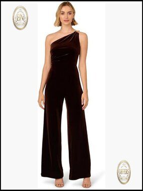 Velvet One Shoulder Jumpsuit with Beaded Knot, Side Zipper
